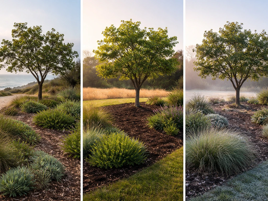 Three simple landscapes side by side: coastal breeze, inland warmth, and a small frost pocket with a nut tree.