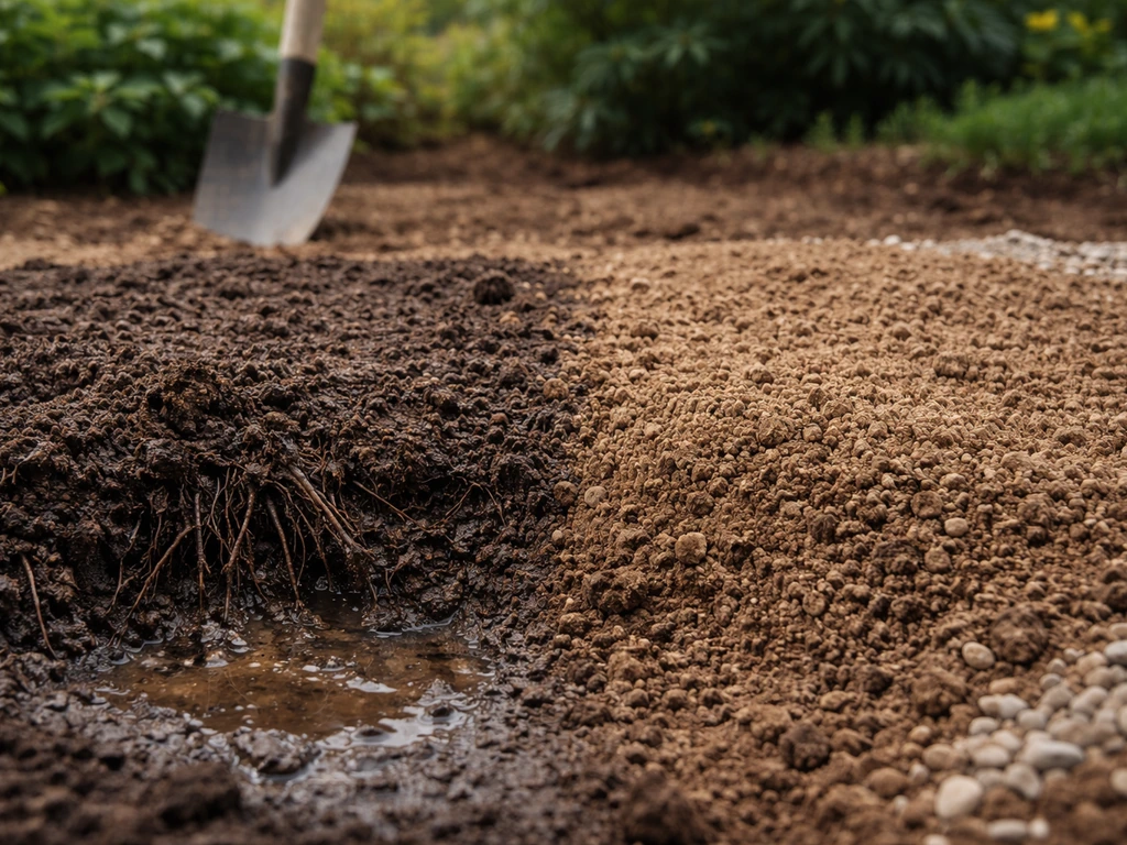 Split view of soggy compacted soil versus well-draining raised berm soil in a garden bed.