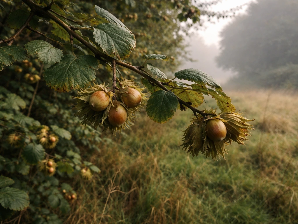 Cob nuts hanging on a hedgerow branch in an autumn countryside field habitat