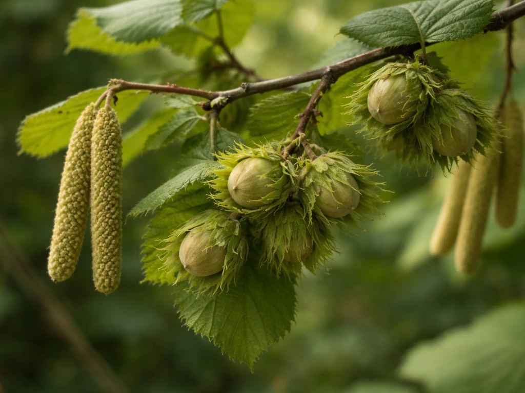 Close-up of hazel cob nuts on a branch with catkins and developing hazelnuts in natural light.