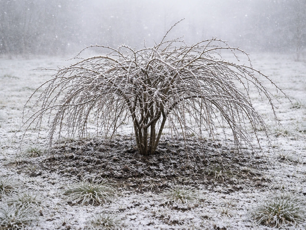 Dormant cobnut shrub covered with light snow and frost on well-drained loamy winter ground.