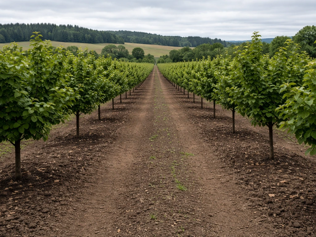 Hazelnut orchard rows in a temperate Oregon-like landscape under soft overcast light.