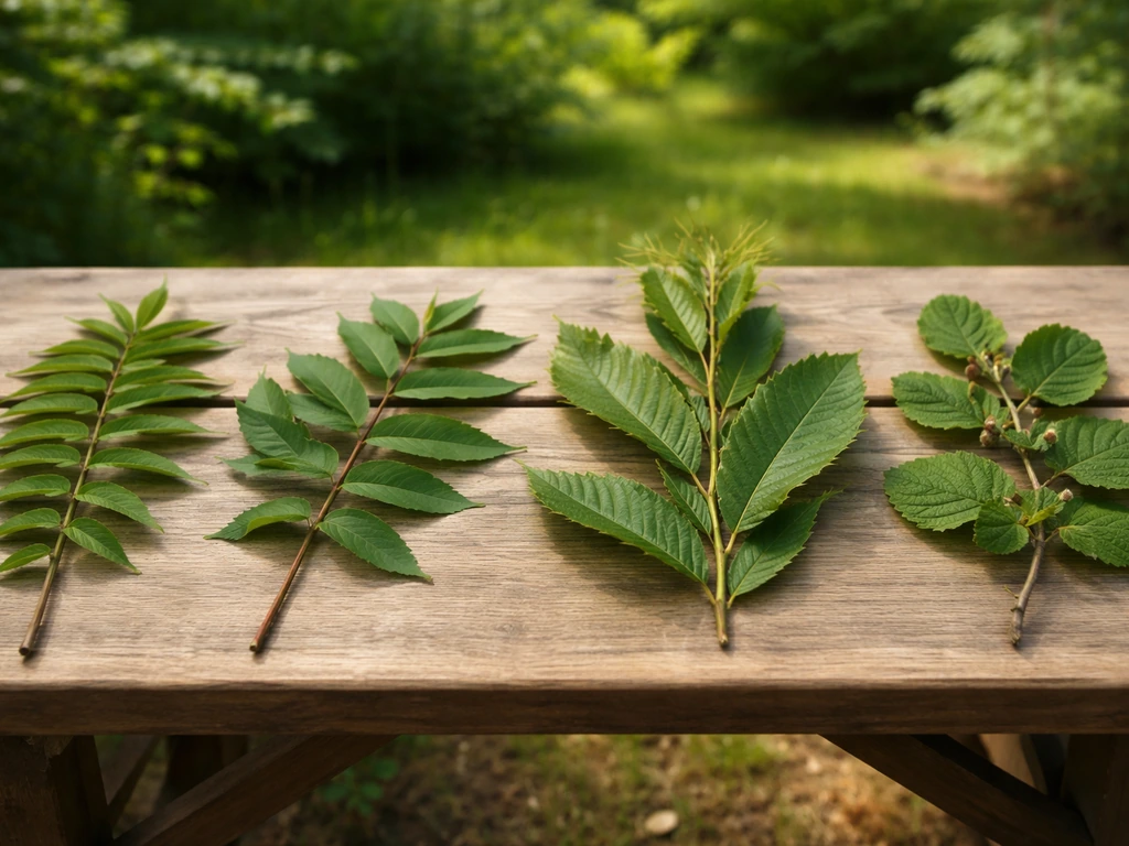 Juvenile branches and leaves of several nut trees arranged on a wooden table in natural light