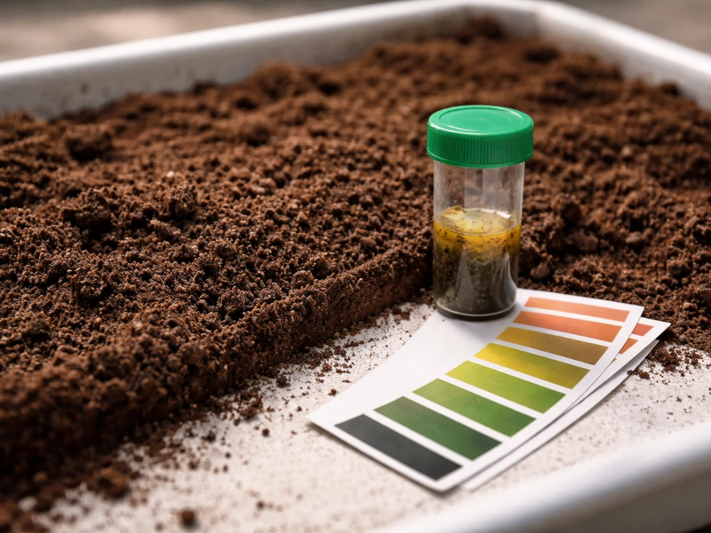 Close-up of loamy soil on a tray with a soil pH test kit and colorful pH comparison card.