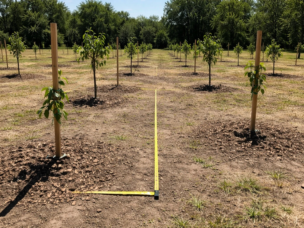 Sunny orchard planting area with young saplings spaced apart, stakes and tape showing room requirements.
