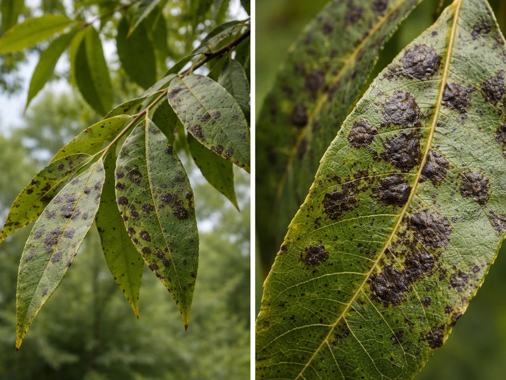 Split view of pecan leaf with dark scab lesions and a close-up of infected tissue texture.
