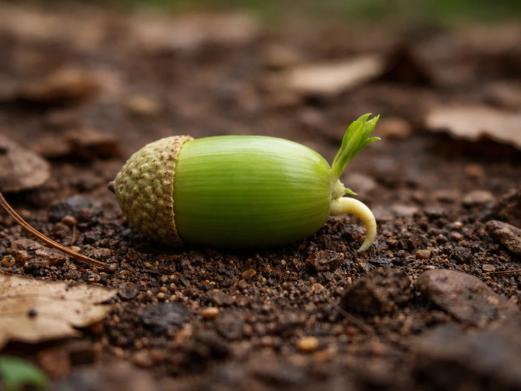 Fresh green acorn on damp soil with a tiny root and sprout emerging, suggesting oak growth.