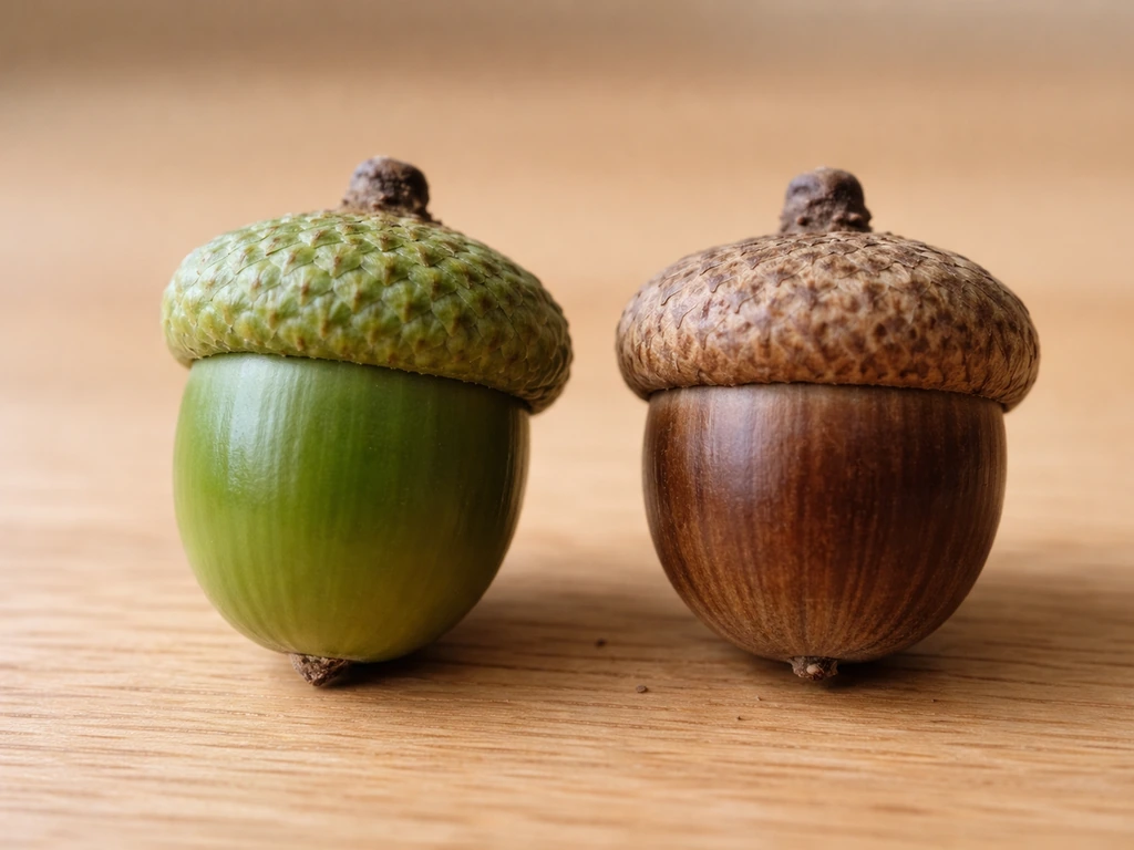 Two acorns on a wooden surface: one fresh green-capped, one more browned and dried.