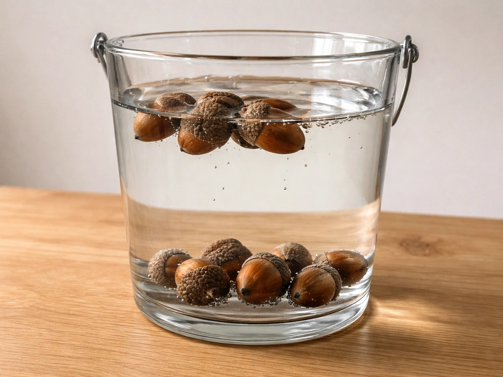Acorns in a clear bucket of water, some sinking and some floating near the surface