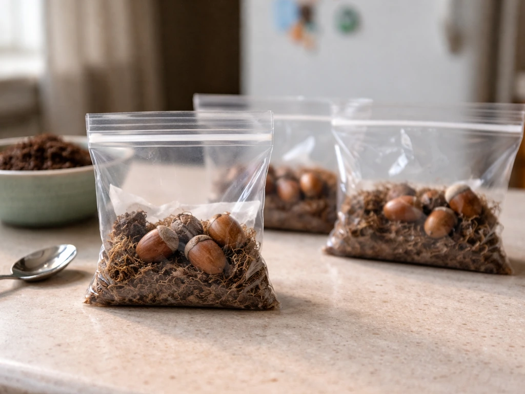 Clear bags with acorns in moist medium on a counter beside a fridge, implying cold stratification.