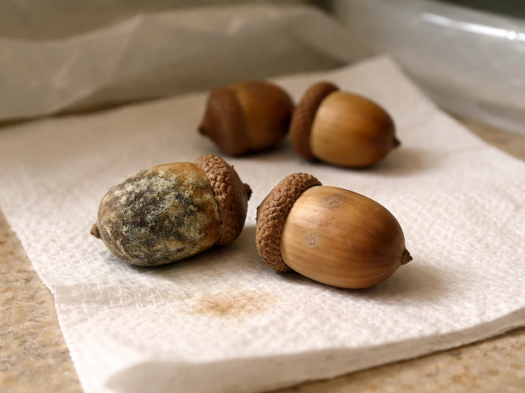 Moldy acorns on a paper towel, with nearby clean acorns showing the wiped-off difference.