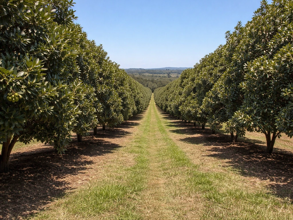 Panoramic macadamia orchard with rows of trees and foliage under natural daylight.
