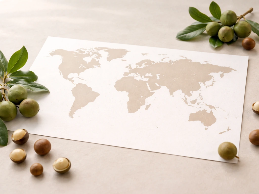Minimal world map on a desk with macadamia nuts and branches suggesting global growing regions.