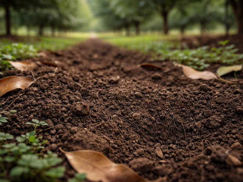 Close-up of macadamia orchard soil and roots in a shallow furrow with lush ground cover.
