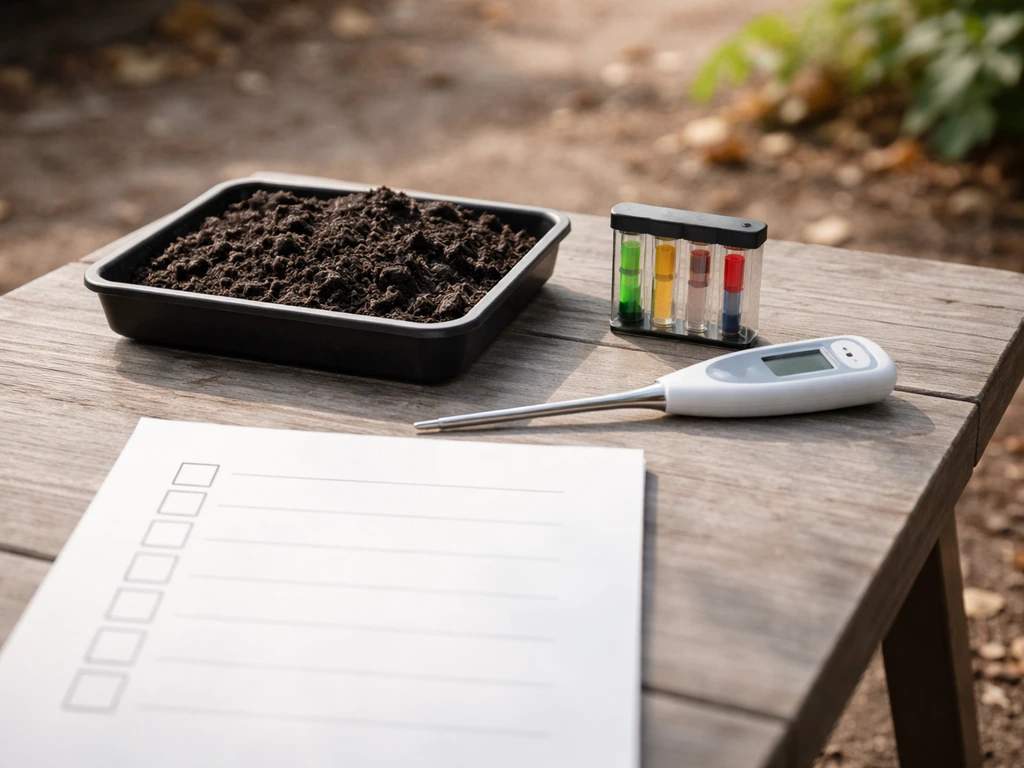 Close-up of garden soil test items and a thermometer beside a simple paper checklist outdoors.