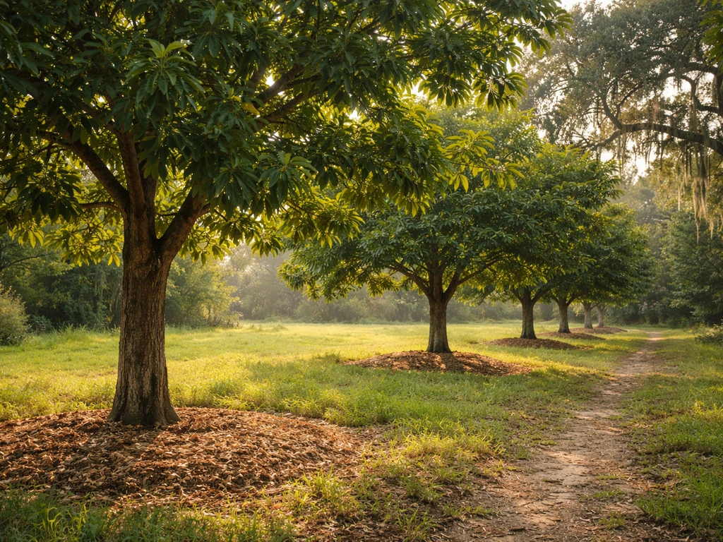 Healthy chestnut trees growing in a mulched Louisiana yard with sunlit canopy and live oak backdrop.
