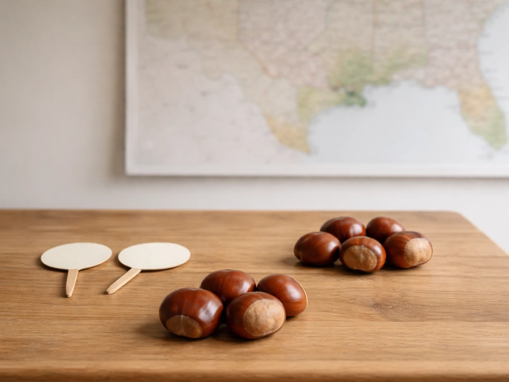 Chestnuts on a table next to an out-of-focus southern US map highlighting Louisiana hardiness zones.