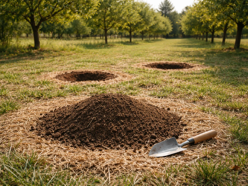Sunlit raised mound with spaced planting holes, showing drainage-ready soil and full-sun planting setup.