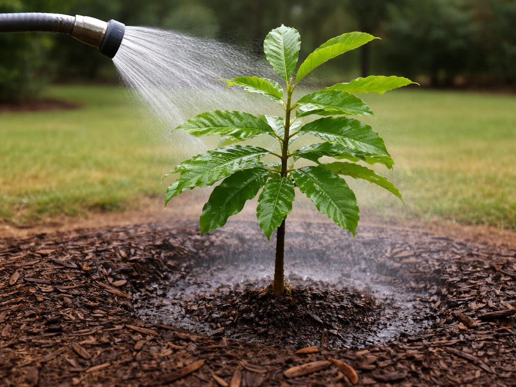 Young mulched chestnut sapling being watered with a gentle hose mist in humid Louisiana summer.