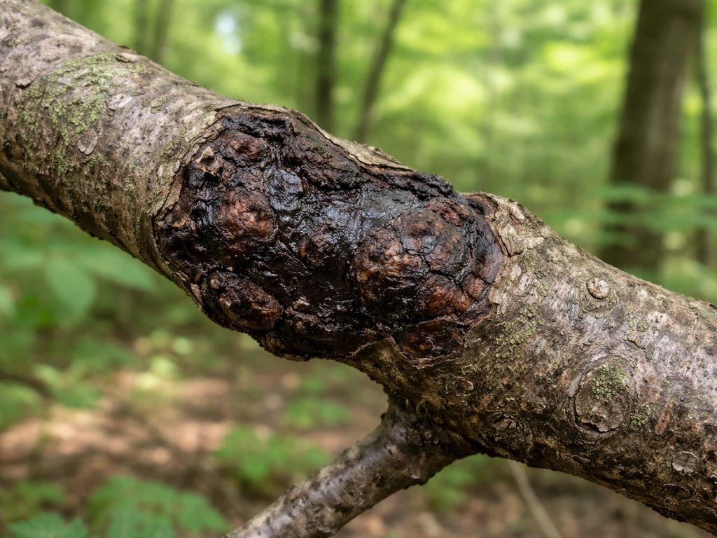 Close-up of chestnut branch bark with canker-like lesions showing chestnut blight symptoms.