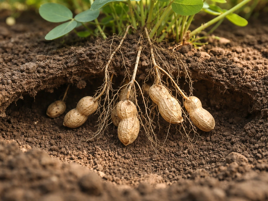 Close-up of peanut plant with soil lifted to reveal developing underground pods.