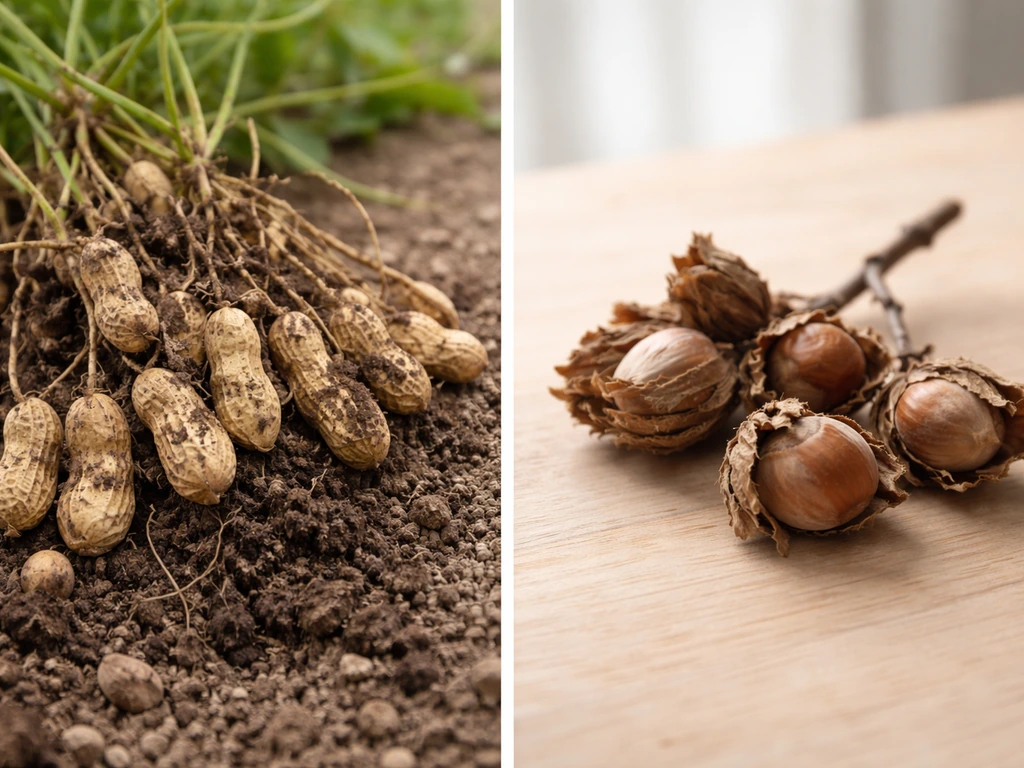 Uprooted peanut pods on soil beside tree nuts on a wooden surface in natural light.