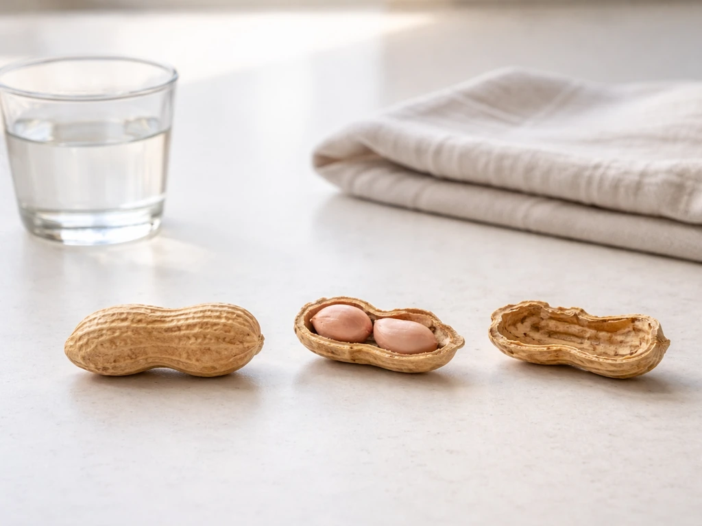 Peanut pods and an interior view on a countertop, showing shell texture and harvested dryness cues.