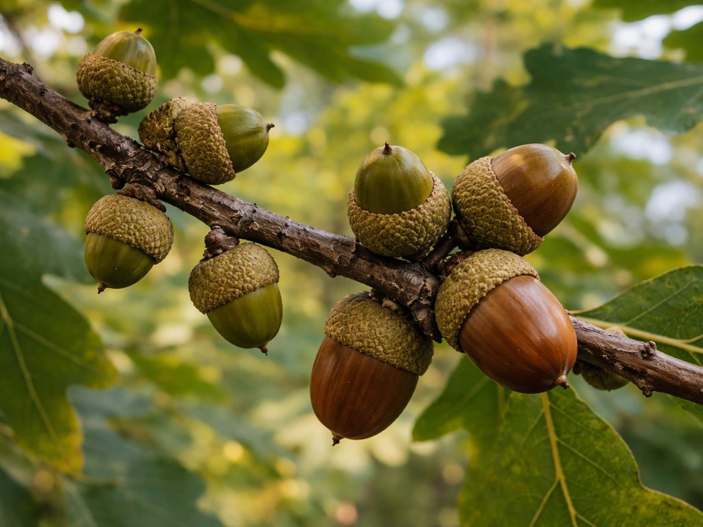 Close-up of acorns on an oak branch showing immature to mature stages in natural light