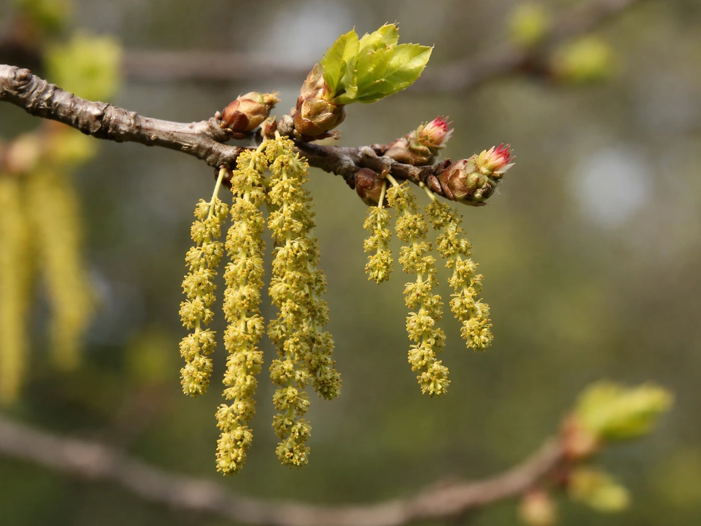 Close-up of oak catkins and tiny female flower/acorn nubs on an early-spring branch.