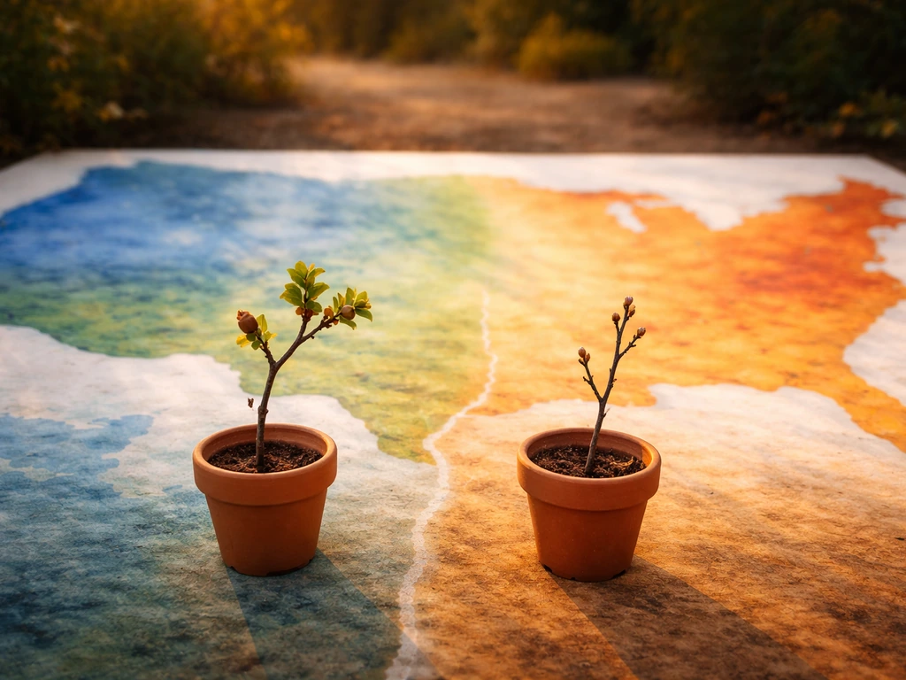 Two oak twigs in pots with a warm-vs-cool region-like color projection suggesting climate-zone timing.