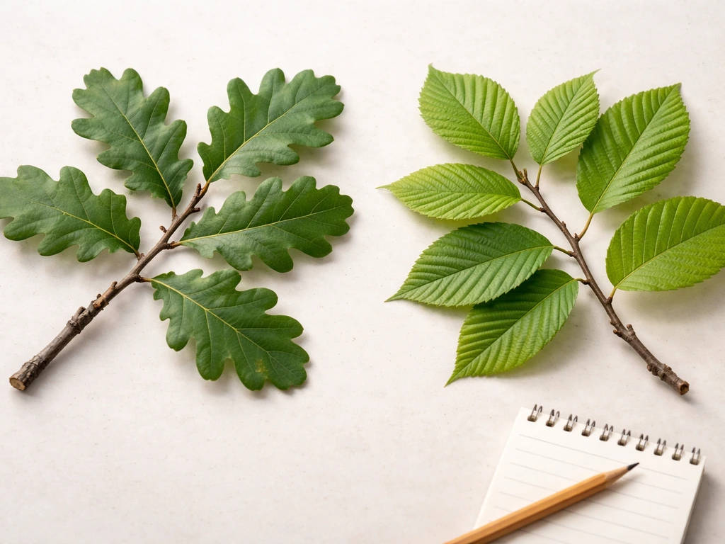Close-up of oak twigs and leaves beside similar-looking leaves from other trees, with no text.