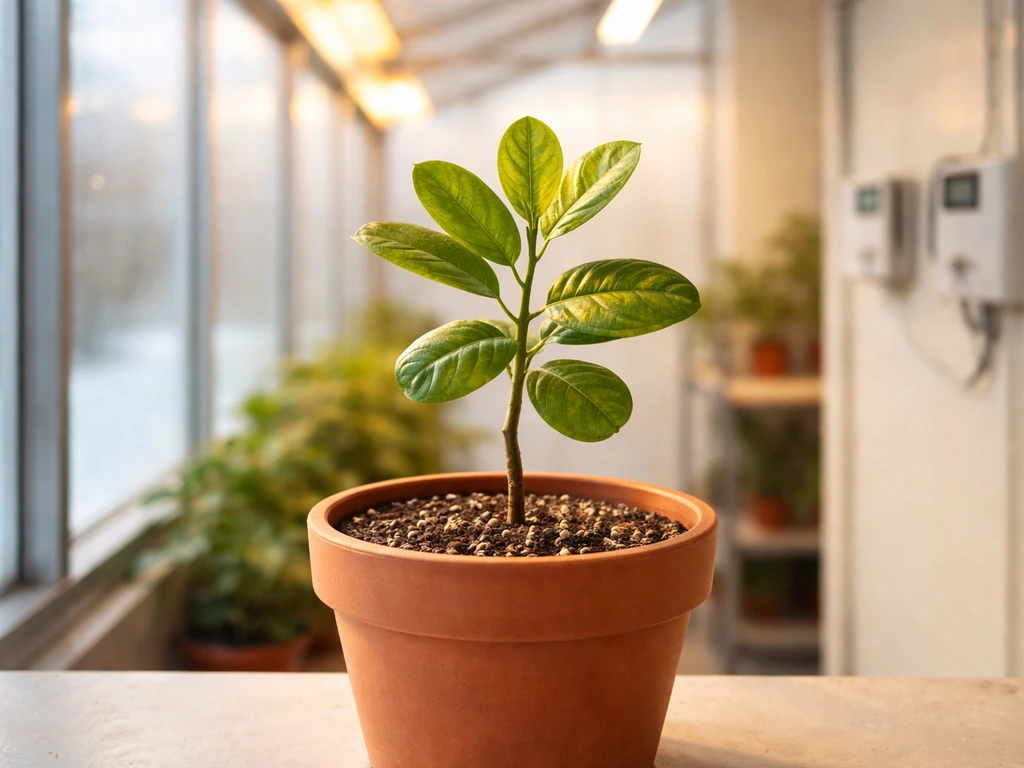 Young cashew tree in a warm greenhouse grow room with humidity and temperature controls nearby.