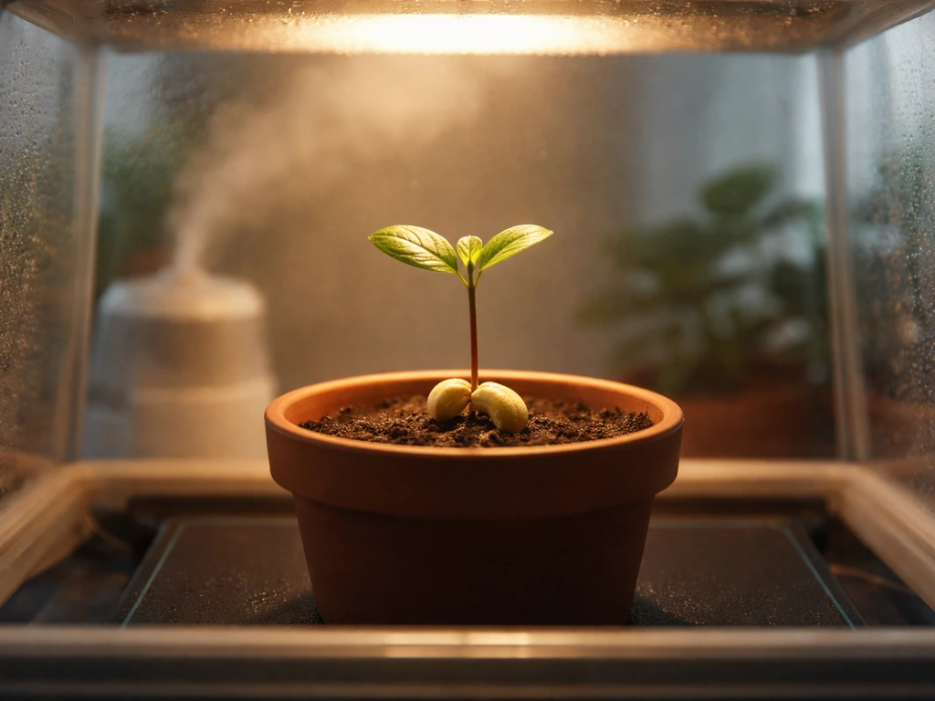 Cashew seedlings in a small indoor greenhouse under warm light and humidity control.