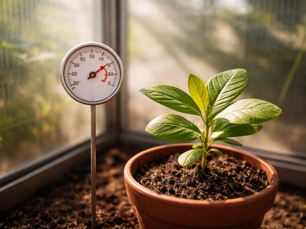 Analog thermometer in a greenhouse beside a single cashew seedling in warm sunlight.