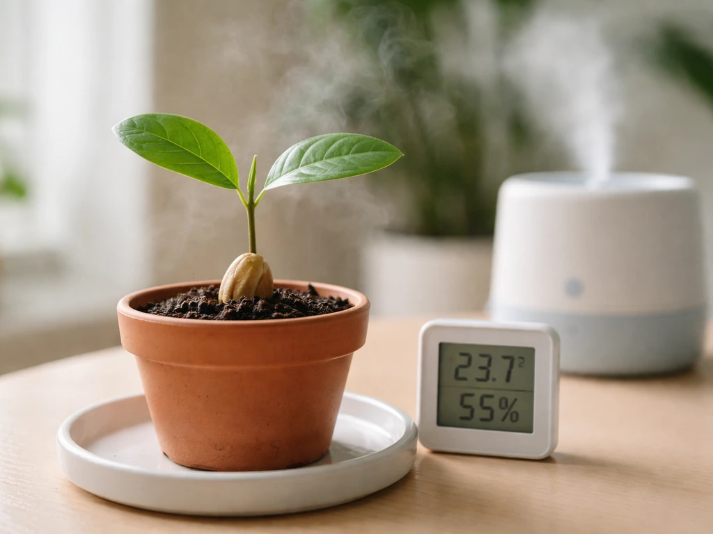 Cashew seedling in a simple indoor setup with a nearby hygrometer and humidifier misting for humidity control