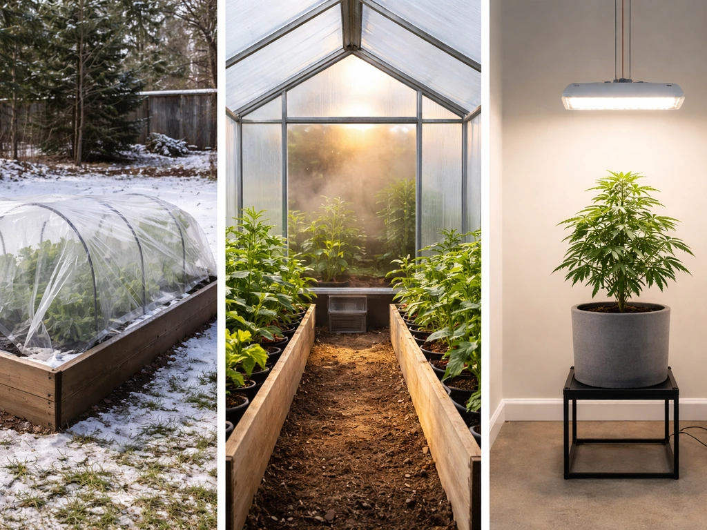 Three-panel style photo: frost-protected outdoor raised bed, heated greenhouse row, and indoor container with grow light