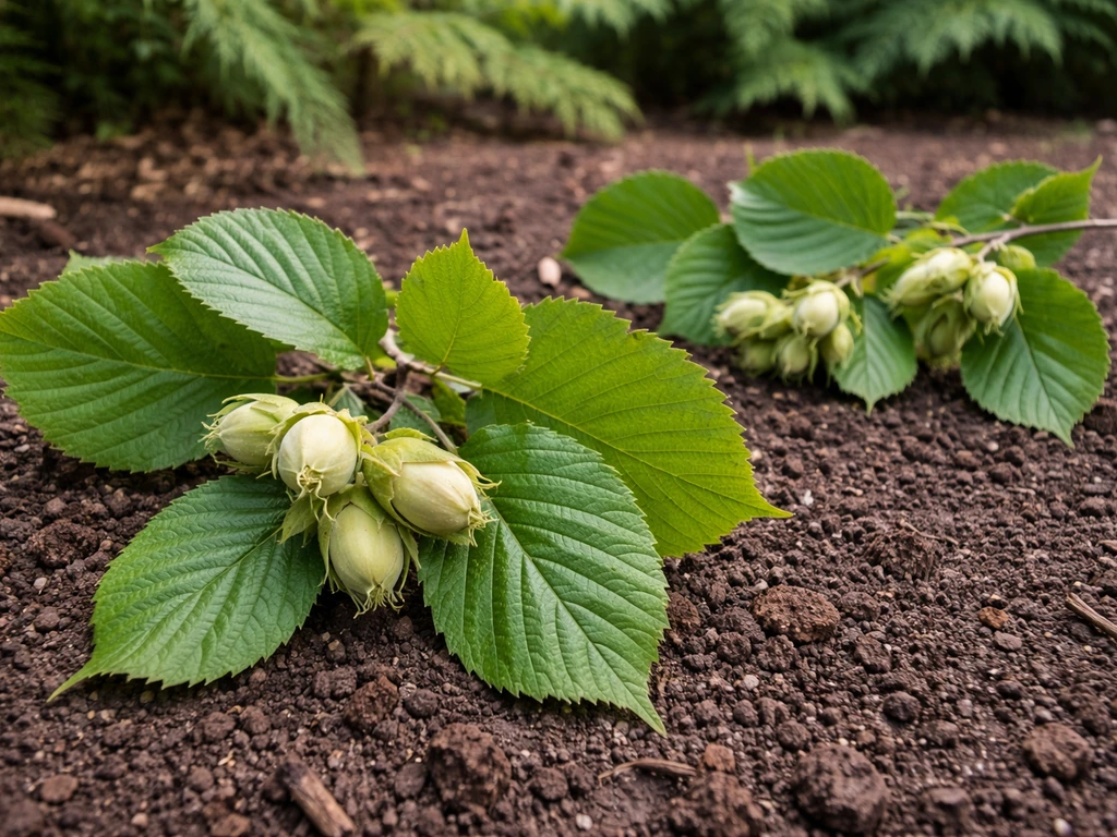 Close-up of hazelnut branch with green leaves and nuts in husks against a simple garden background.