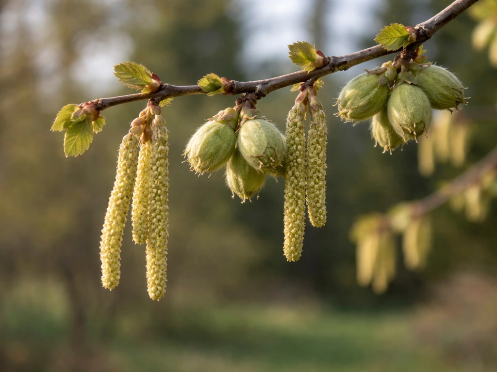 Close-up of hazelnut/filbert catkins and developing green nuts on a spring branch