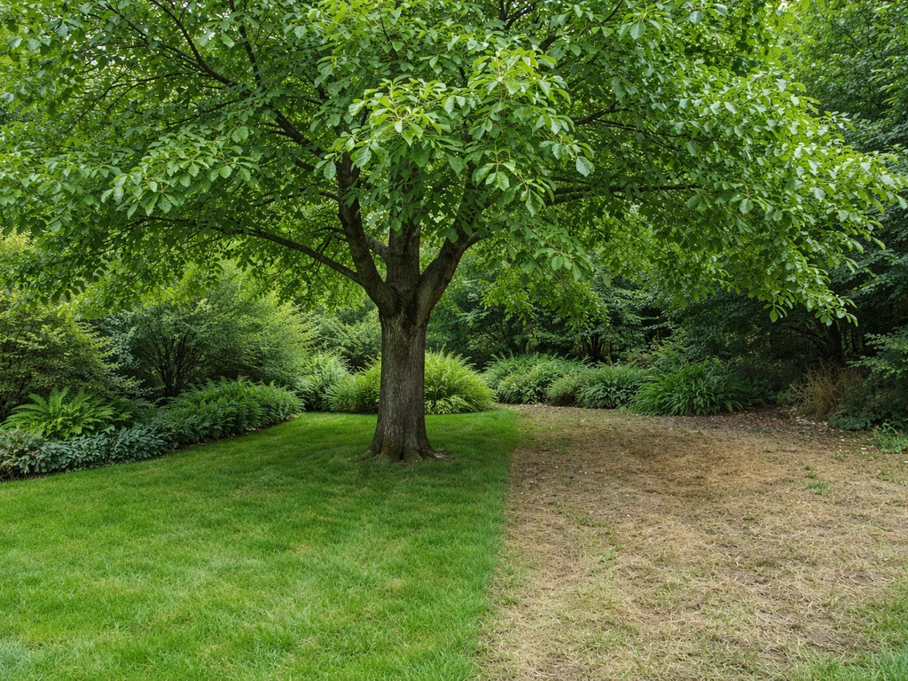 English walnut tree with dense leaf canopy in a Western Washington yard, showing a right-site vs wrong-site contrast