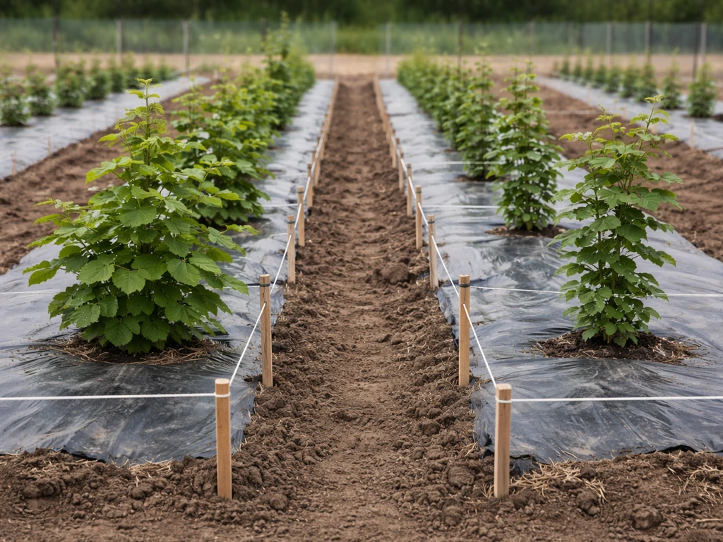 Nursery hazelnut saplings planted with clear spacing stakes and two cultivars side-by-side for cross-pollination.