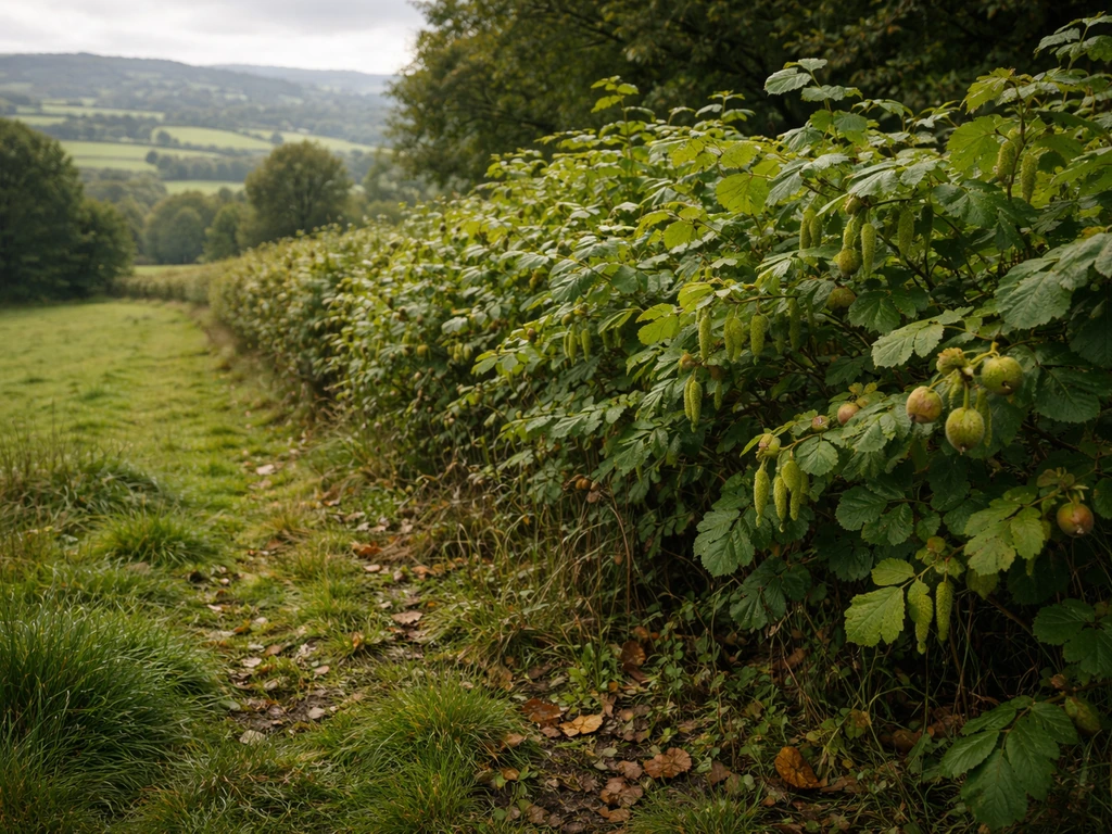 Hazel shrubs in an Irish hedgerow with developing hazelnuts on a sheltered slope