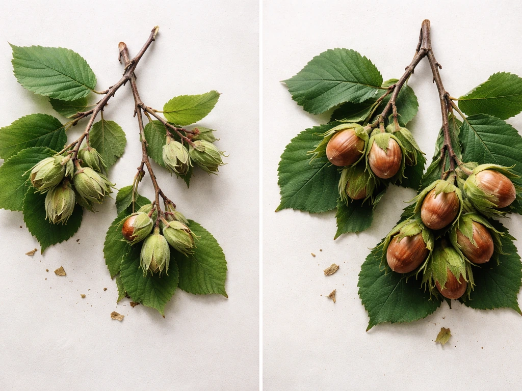 Two hazel branches side by side—wild small nuts and orchard cobnuts—on a neutral background.