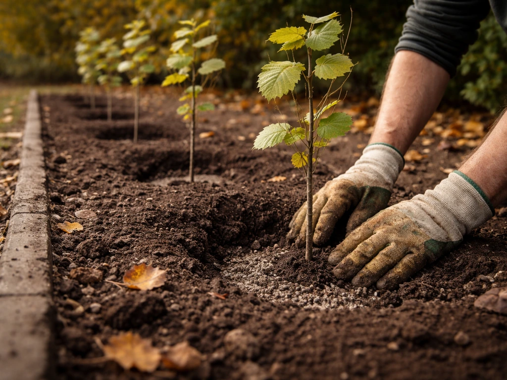 Young hazel saplings planted in well-drained soil in an autumn garden bed with clear spacing