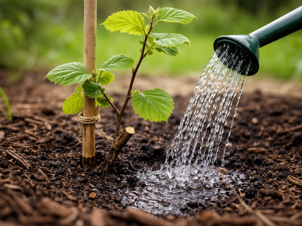 Fresh hazel sapling being watered at the base with a watering can, with a small pruning cut visible.