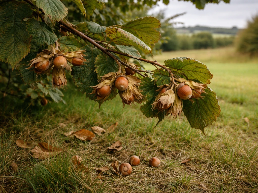 Fresh hazelnuts on a shrub in Ireland, husks browning and nuts beginning to drop for harvest