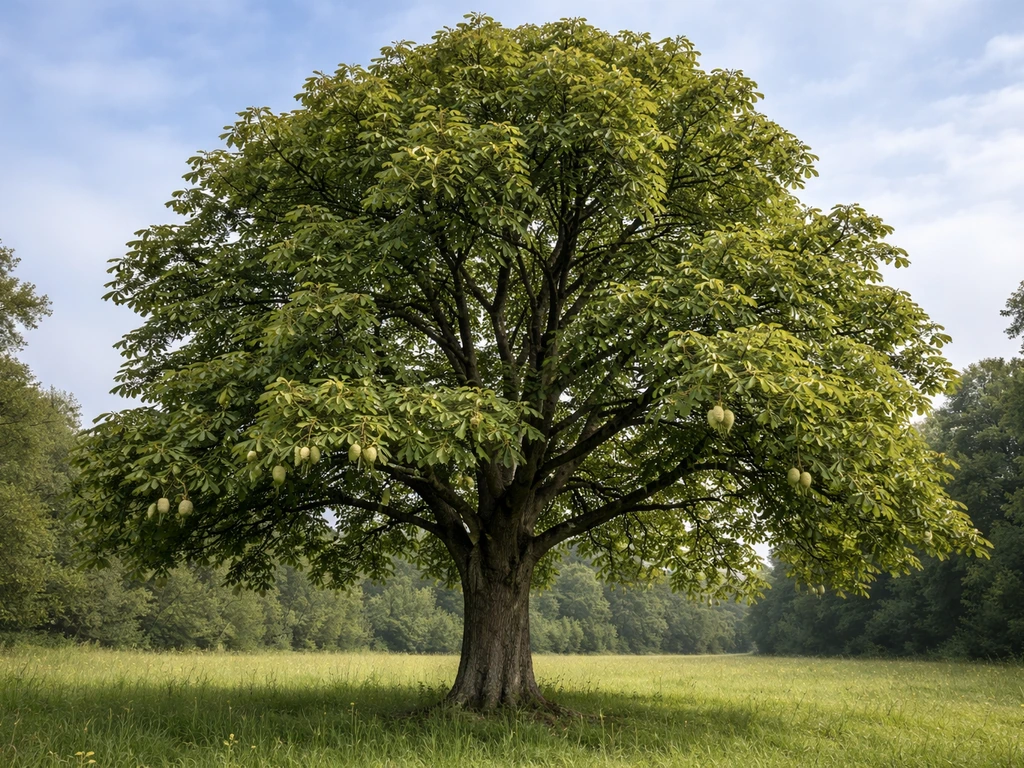 Stately horse chestnut tree with spiky green seed husks and palmate leaves in a temperate park landscape