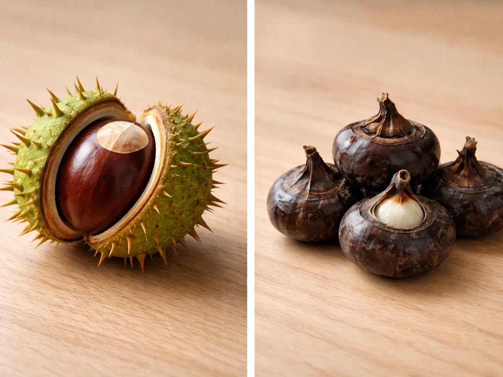 Close-up comparison of a spiky horse chestnut husk and a water chestnut on a simple surface.