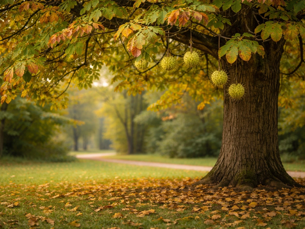 Horse chestnut tree in a North American park with autumn leaves and spiky seed husks on the branches