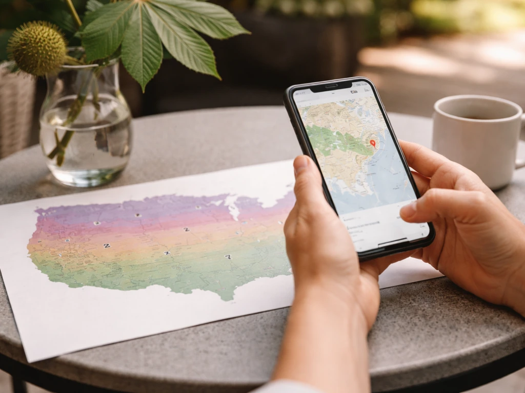 Homeowner checks a smartphone beside a paper hardiness zone map highlighting Zones 3–7.