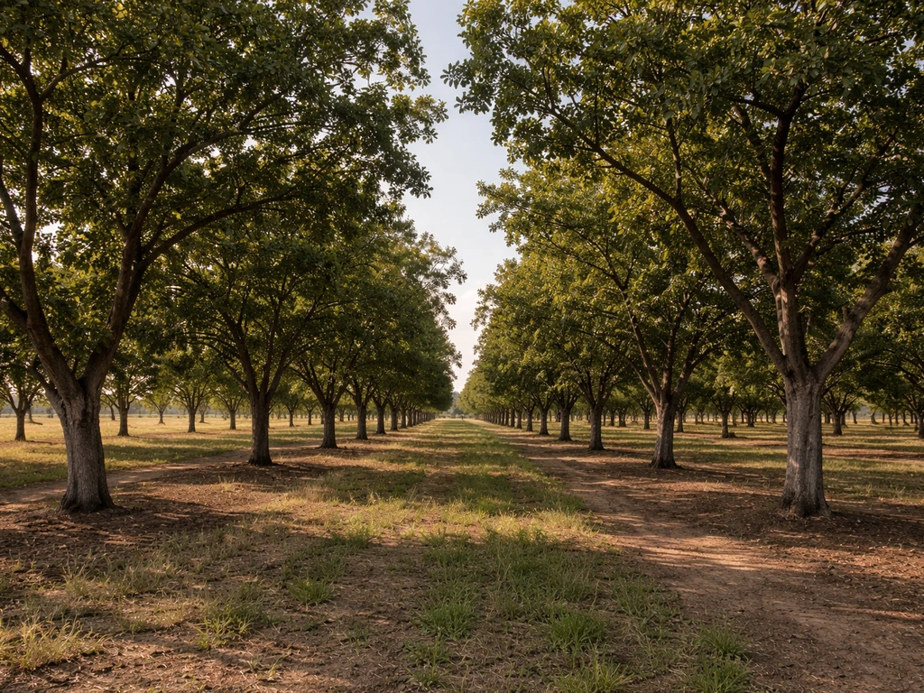 Wide view of a walnut orchard with mature trees under clear sky in a US growing region